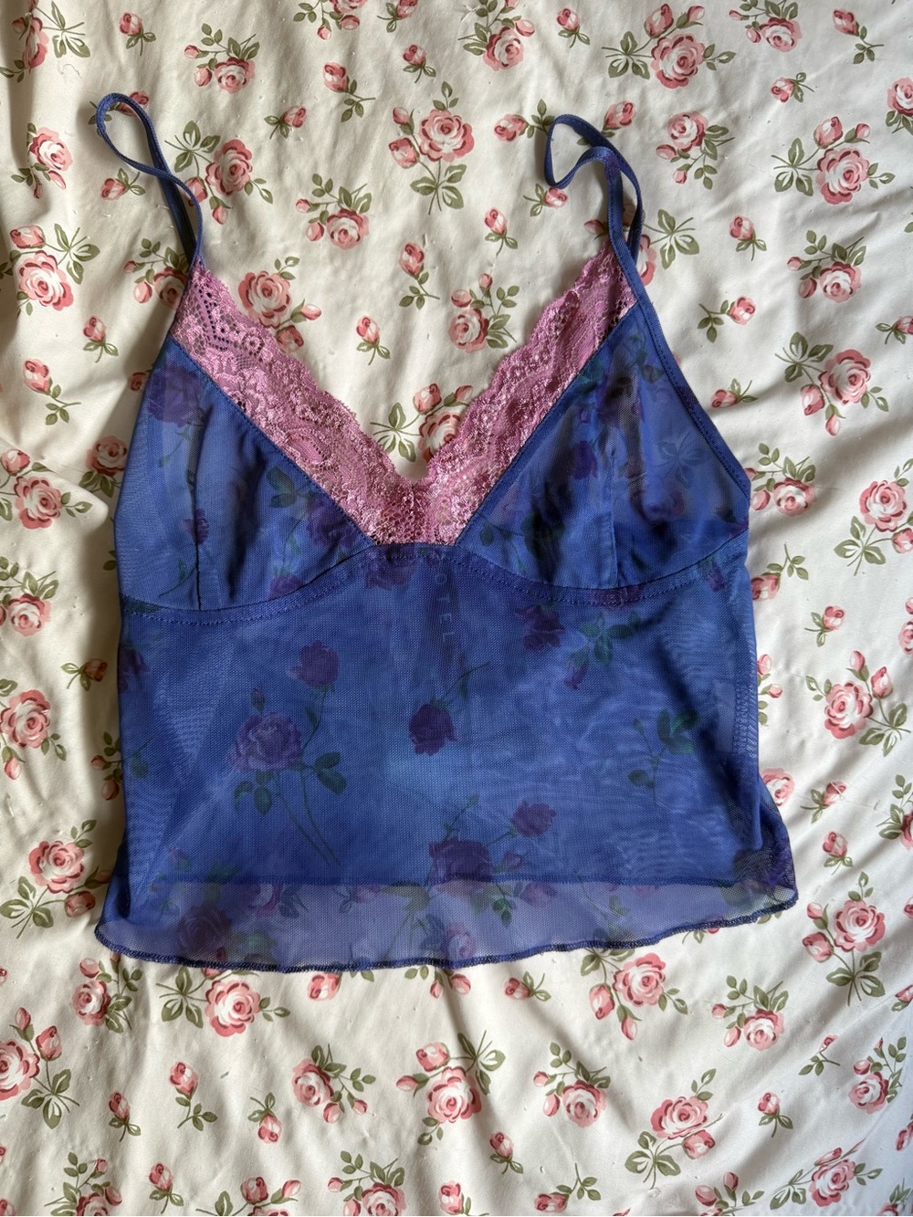 Motel Rocks Blue Sheer Floral Cami with Pink Lace Trim
